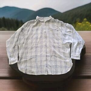 Loft Large Petite White Blue Striped Dolman Long Sleeve Button Down Shirt Blouse